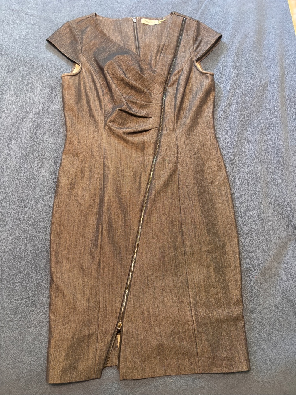 Calvin Klein Denim Blue Cap-Sleeve Sheath Dress with Asymmetric Zip